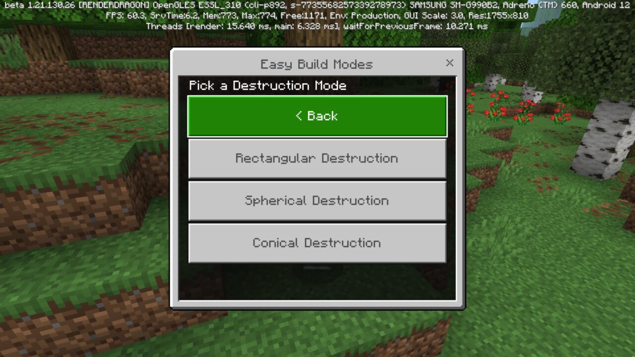 Destruction from Effortless Building Mod for Minecraft PE
