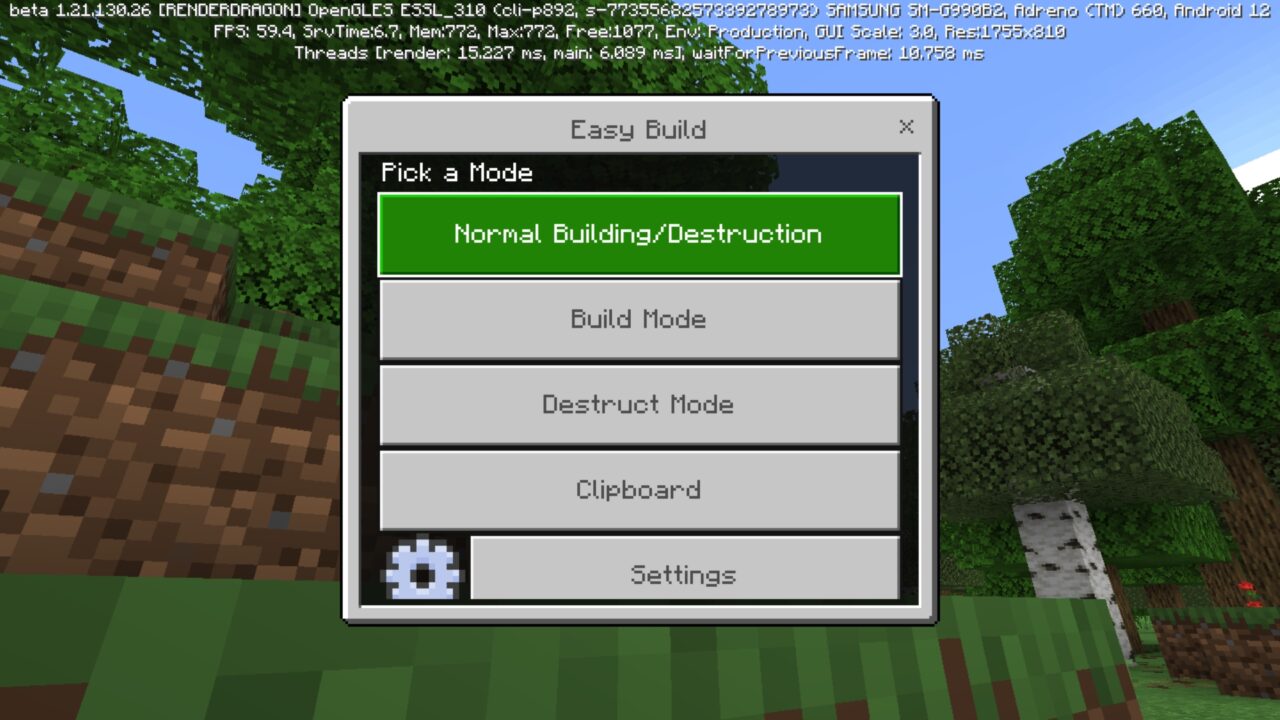 Settings from Effortless Building Mod for Minecraft PE