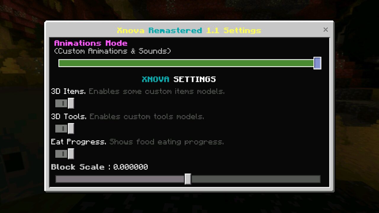 Settings from Xnova Remastered Texture Pack for Minecraft PE